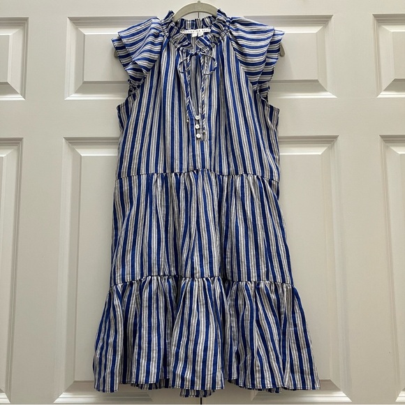 Veronica Beard Zee Dress Linen Viscose Tiered Flutter Sleeve Mini Blue Striped 4 - Picture 2 of 12